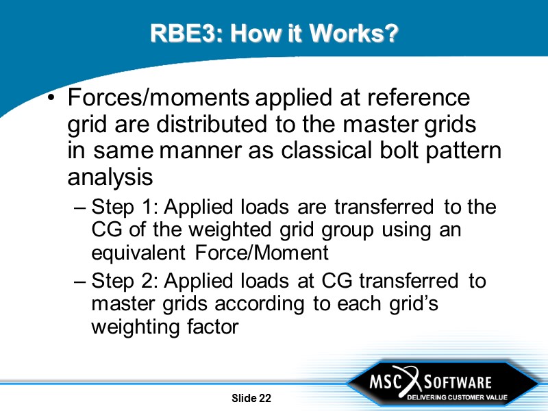 Slide 22 RBE3: How it Works? Forces/moments applied at reference grid are distributed to